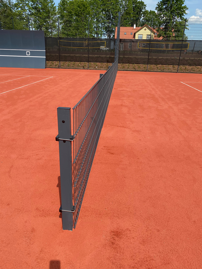 Tennis Court Fence Set 2D-656 Elite - Two Fields Separated by a Fence View with Windscreens Attached on the Panels